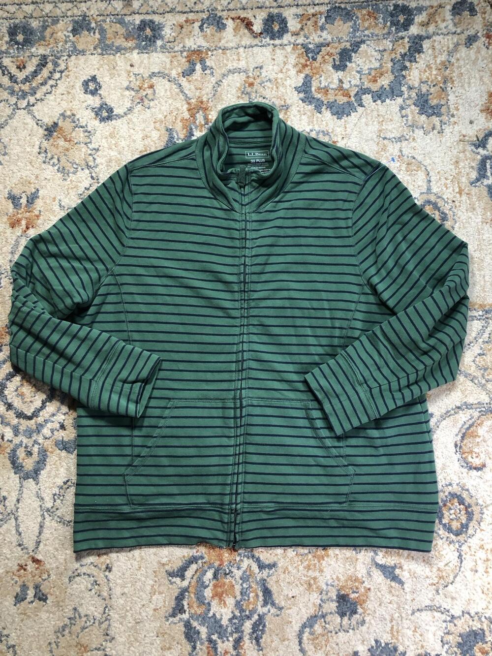 LL Bean Jacket Womens 3X Plus Green Stripe Knit Jersey Full Zip Pockets Casual